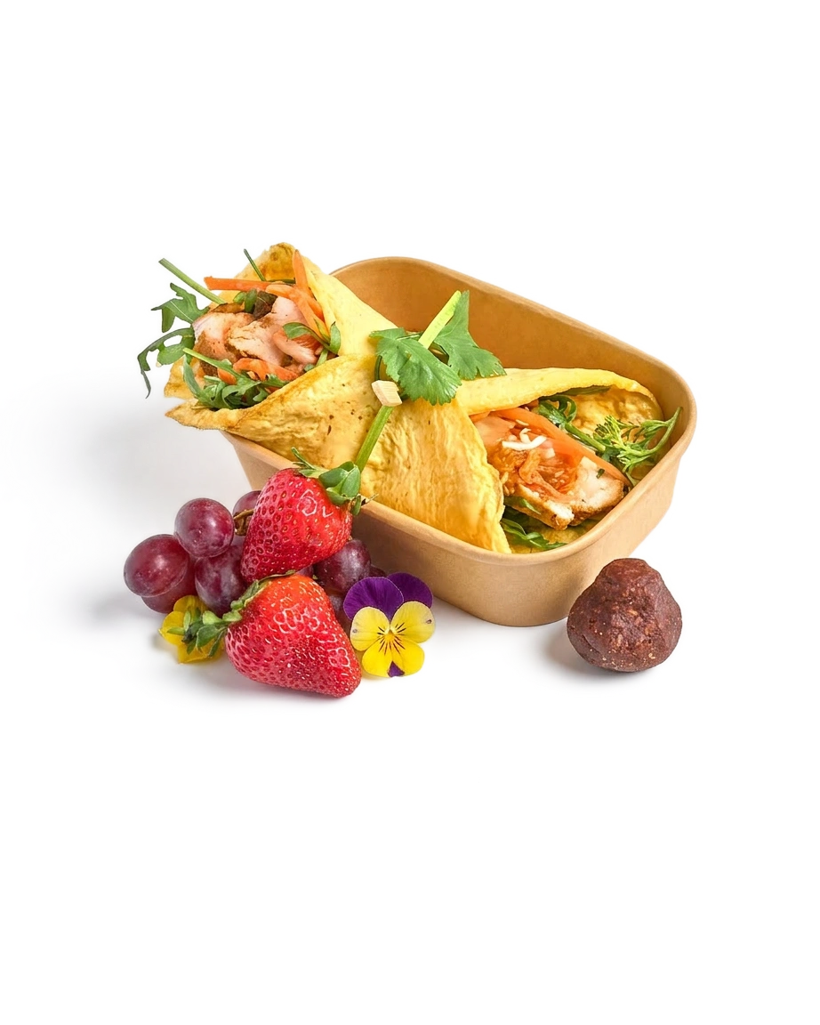Low Carb – Omelette Chicken Wrap Box, Bliss Ball & Seasonal Fruit